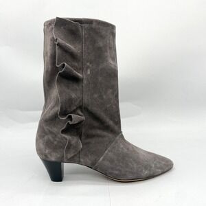 IRO Womens 37 6.5 Fabita Boots Gray Suede Ruffle Pointed Toe Kitten Heels Bootie